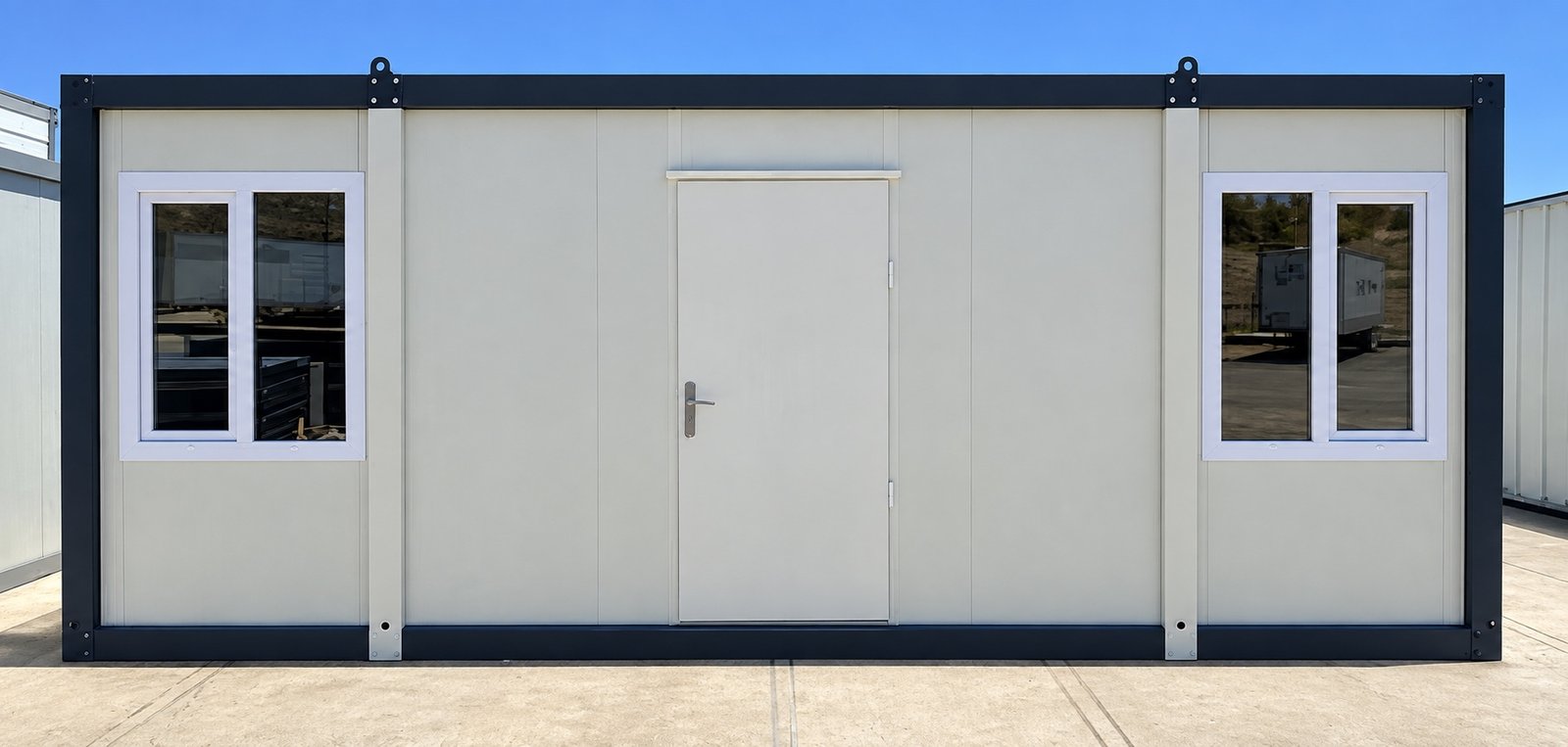 ERO 20 mobile office unit photographed straight-on in the EroUnits yard